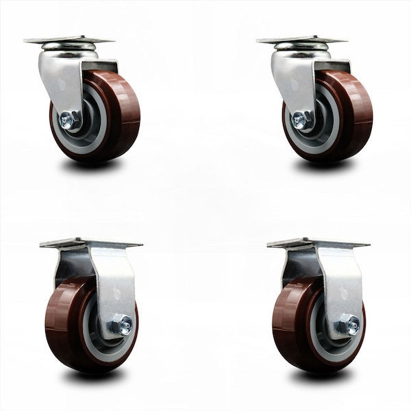 4 Inch Poly on Polyolefin Caster Set with Roller Bearings 2 Swivel 2 Rigid SCC